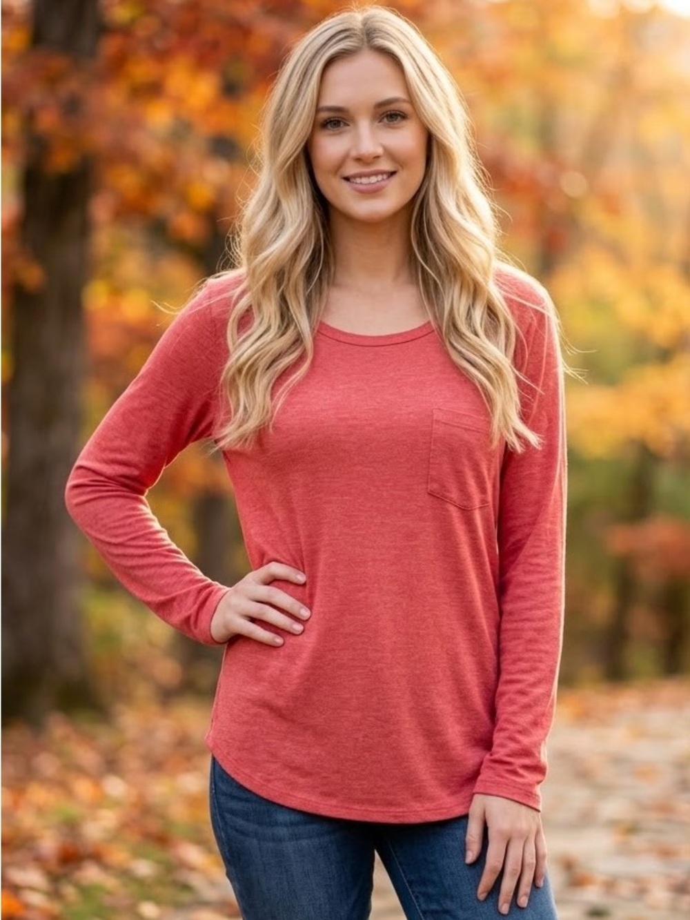 PRANA Foundation Long Sleeve Crew Coral Red Heather Pocket Top Modal Shirt
